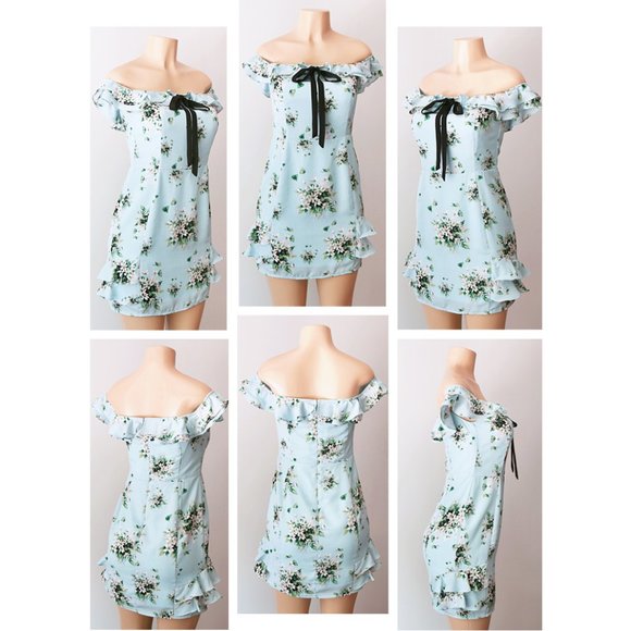 Light Blue Floral Ruffle Off Shoulder Bow Dress - Picture 8 of 9